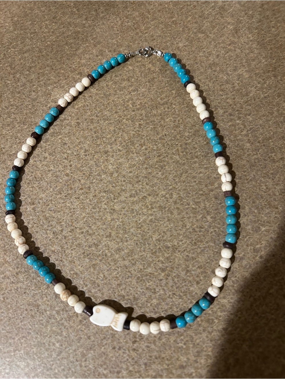 Turquoise, White & Brown Beaded Necklace with Fish Pendant